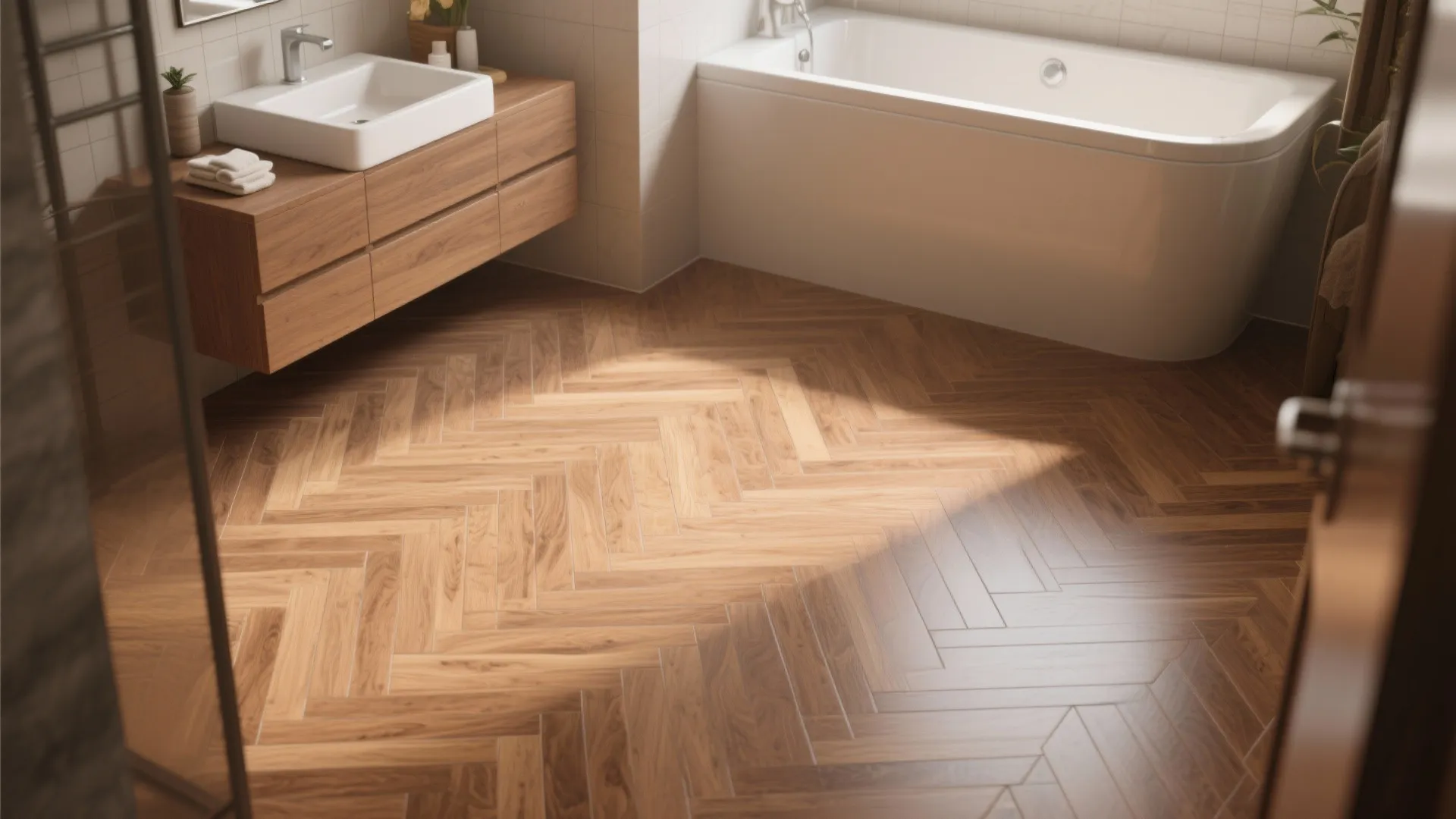 Modern bathroom with wooden floor tiles and a white bathtub next to a wood cabinet