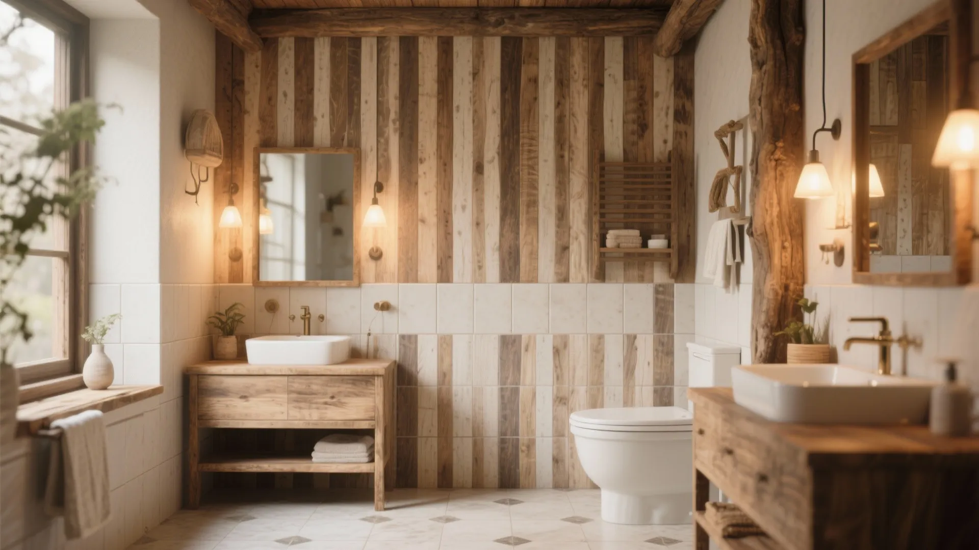 Rustic bathroom featuring wood wall panels, wooden cabinets, white sinks, toilet, and warm wall lights