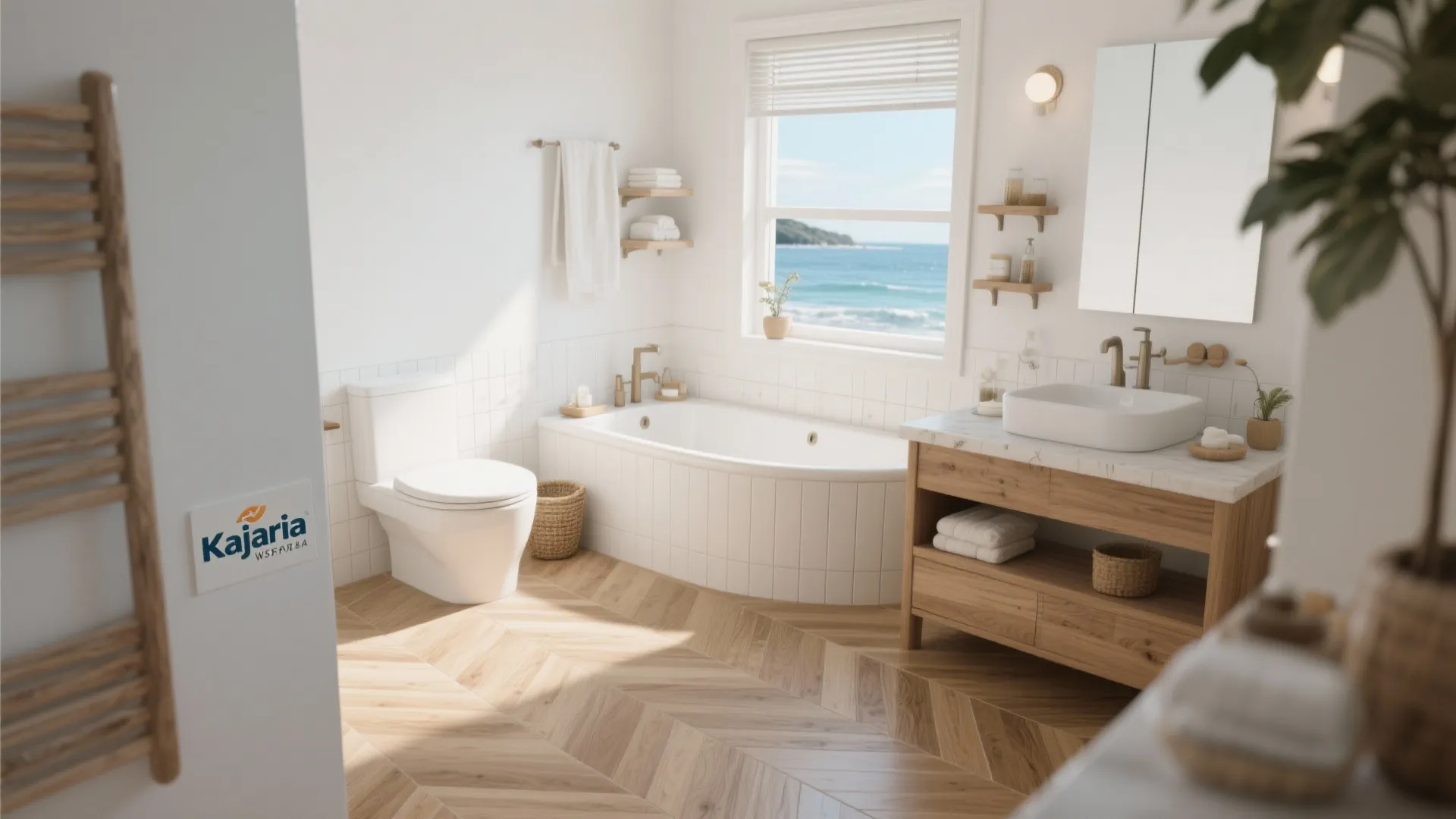 Bright bathroom featuring wooden chevron floor, white bathtub under window, ocean view, and wood vanity