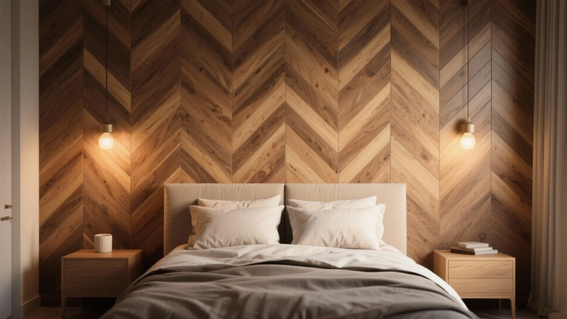 Modern bedroom with wood panel wall, warm ceiling light, white pillows, grey bedding, and nightstands