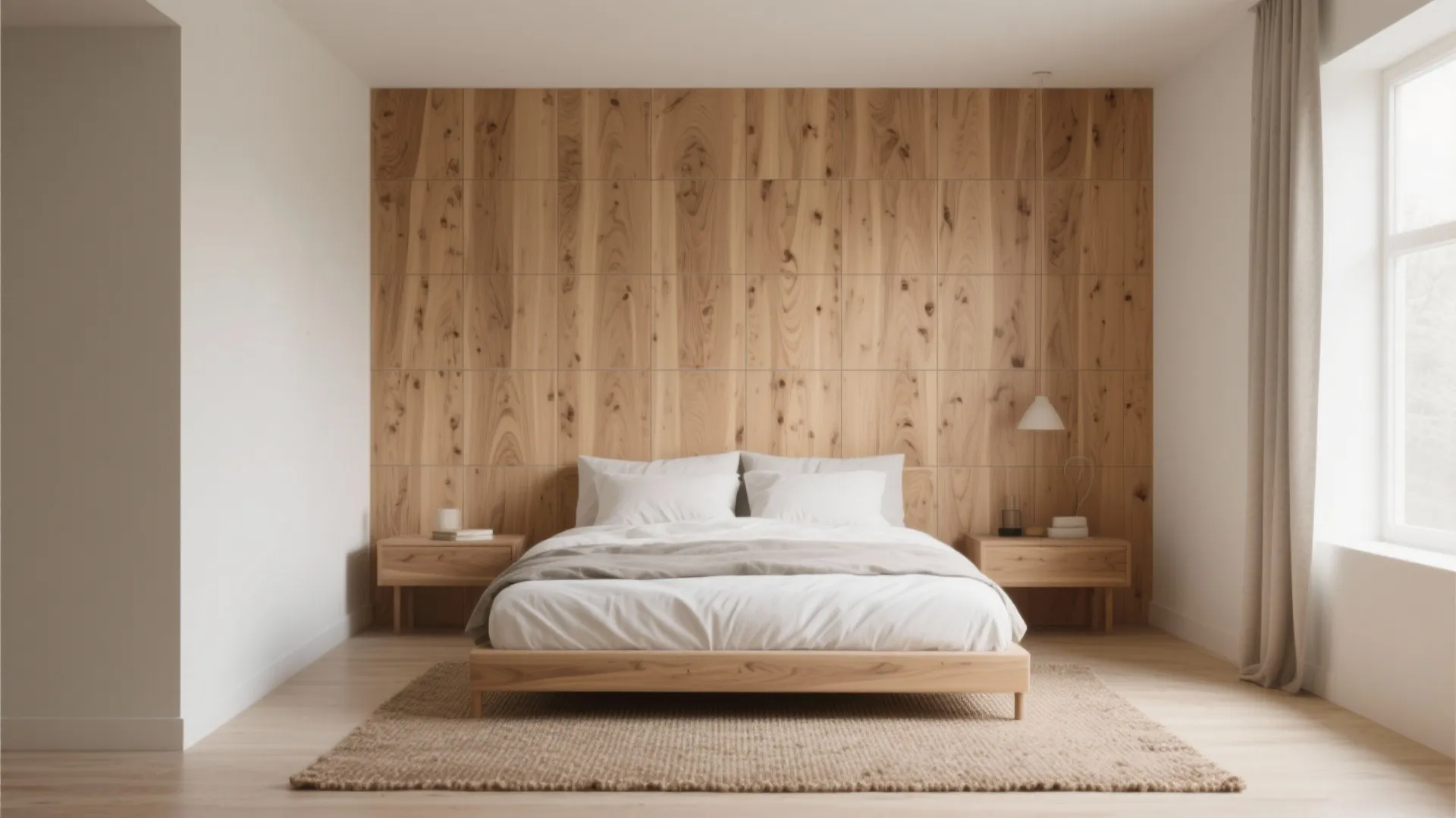 Minimalist bedroom design with wood wall panels white bed two side tables and large window