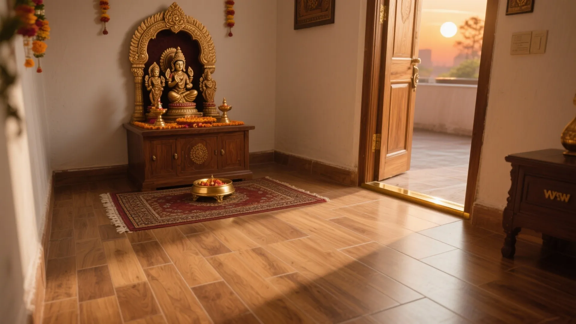 Wood-look porcelain with brass thresholds