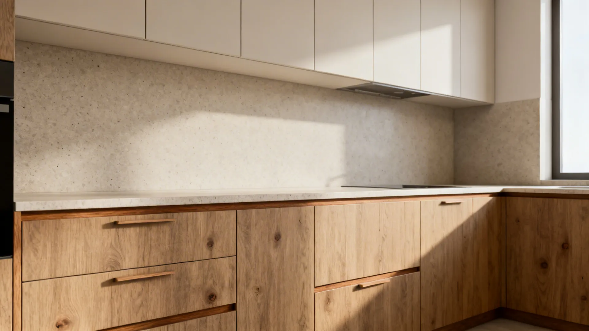 Muted oak wood-look base cabinets with real wood edging and matte light uppers in a cozy studio kitchen.