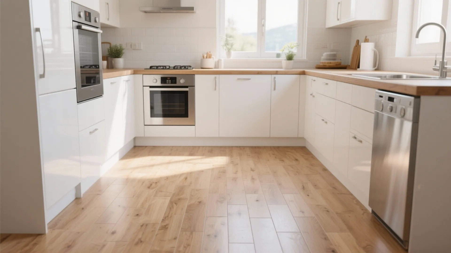 Bright white kitchen with wooden countertops, white cabinets, built in oven, and light wood floor