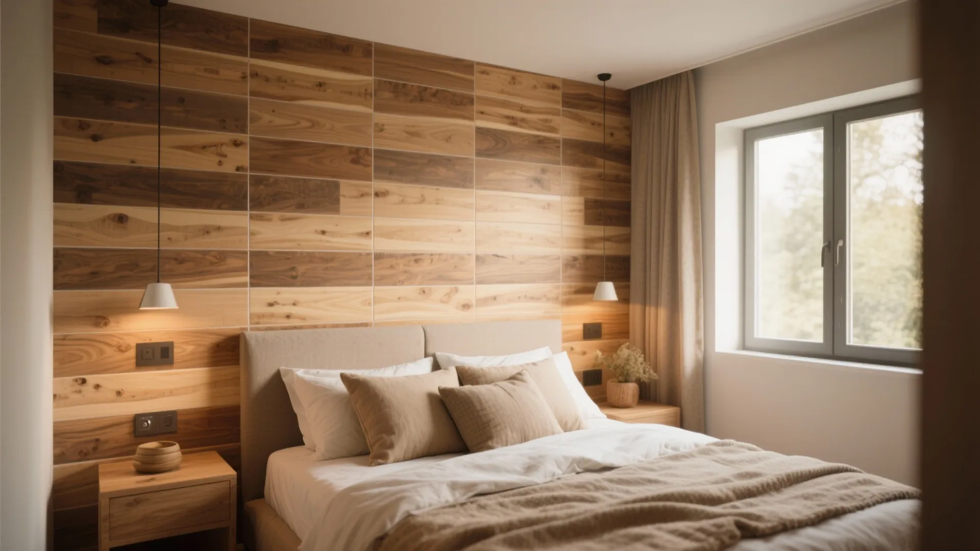 Modern bedroom with wood wall panel, beige bed, white pillows, hanging lights, nightstand, and window
