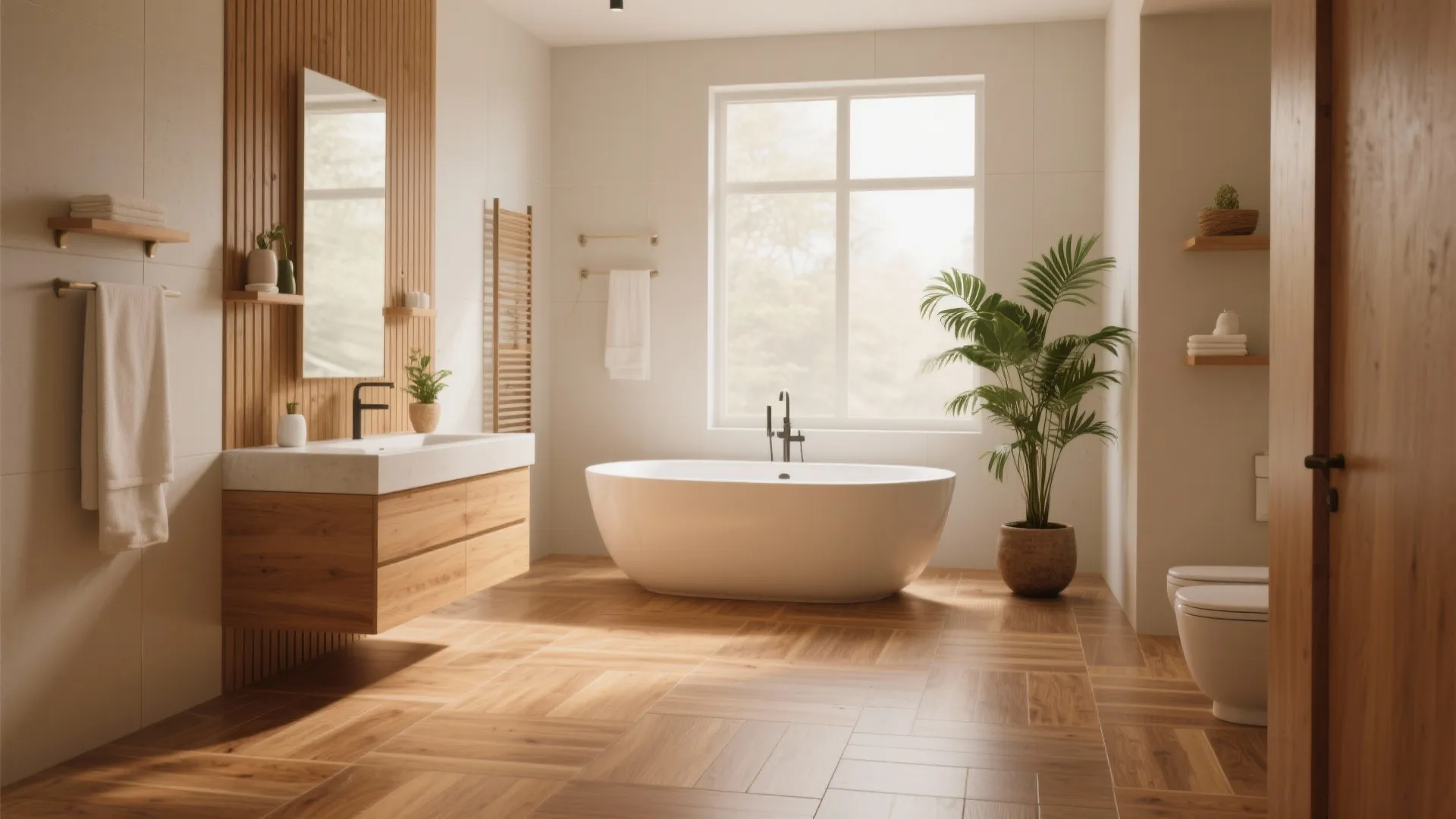 Spa-inspired bathroom with wood-look ceramic floor tiles and a freestanding tub