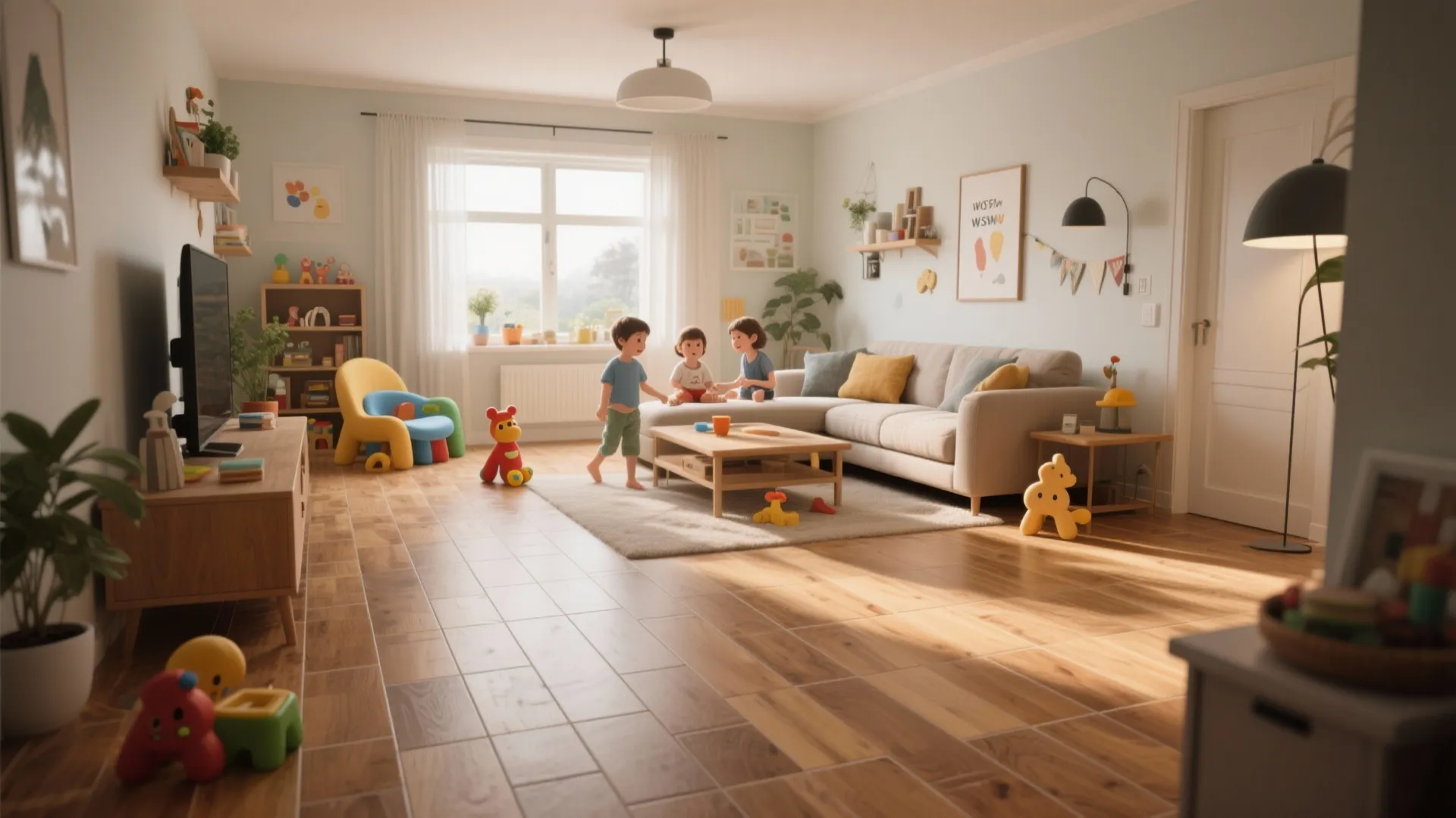 Bright living room with wood look floor tiles and kids playing near a grey sofa