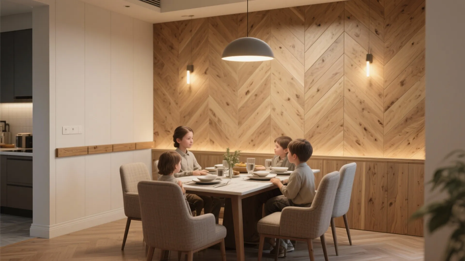 Modern dining room featuring wooden wall panel with three children sitting at a white table