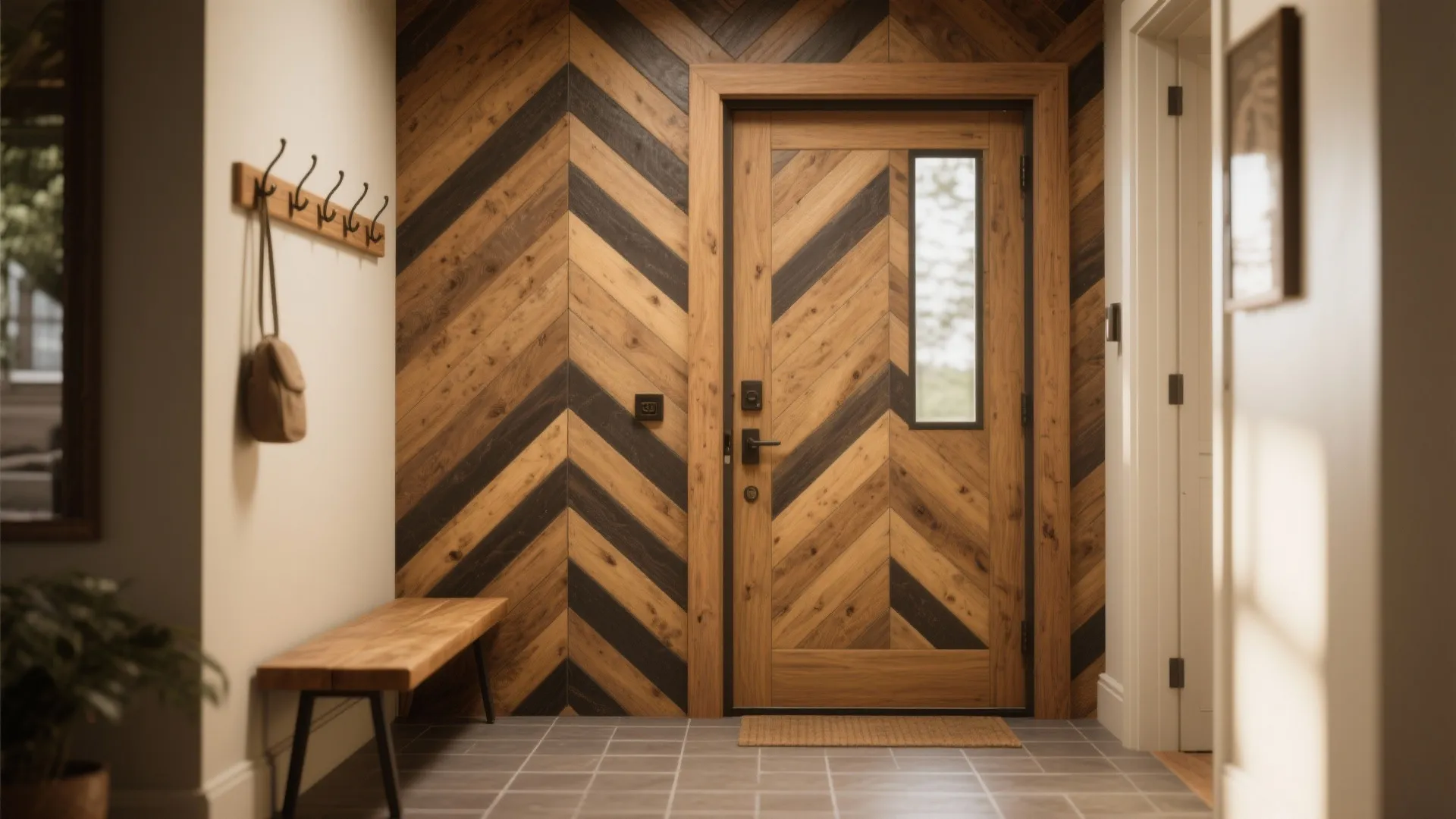 Entrance area with patterned wood wall panels, a matching wooden door, coat hooks, and bench
