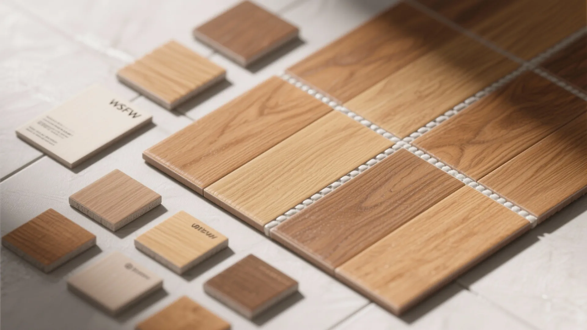 Top view of various wood floor samples and small tiles for home interior design planning