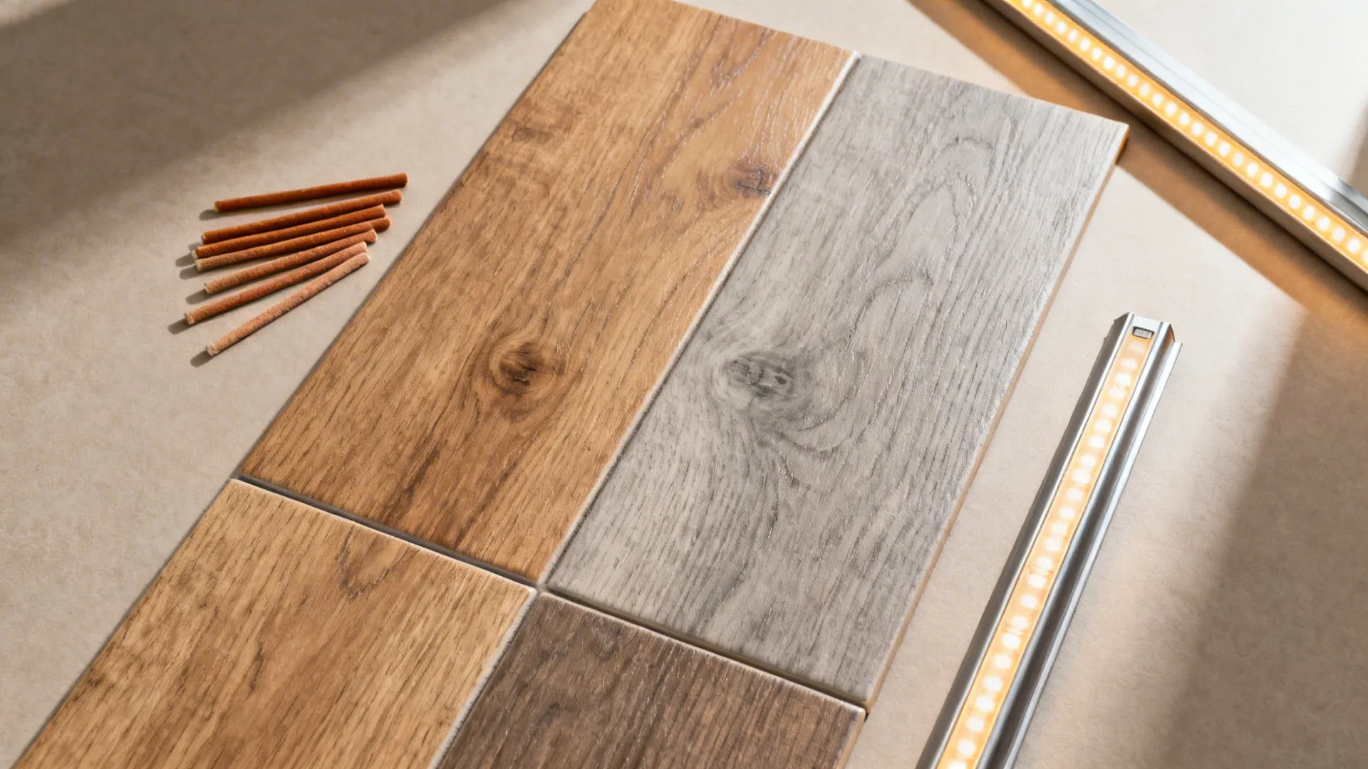 Wood look floor tile samples with warm light strips and small wooden sticks on table