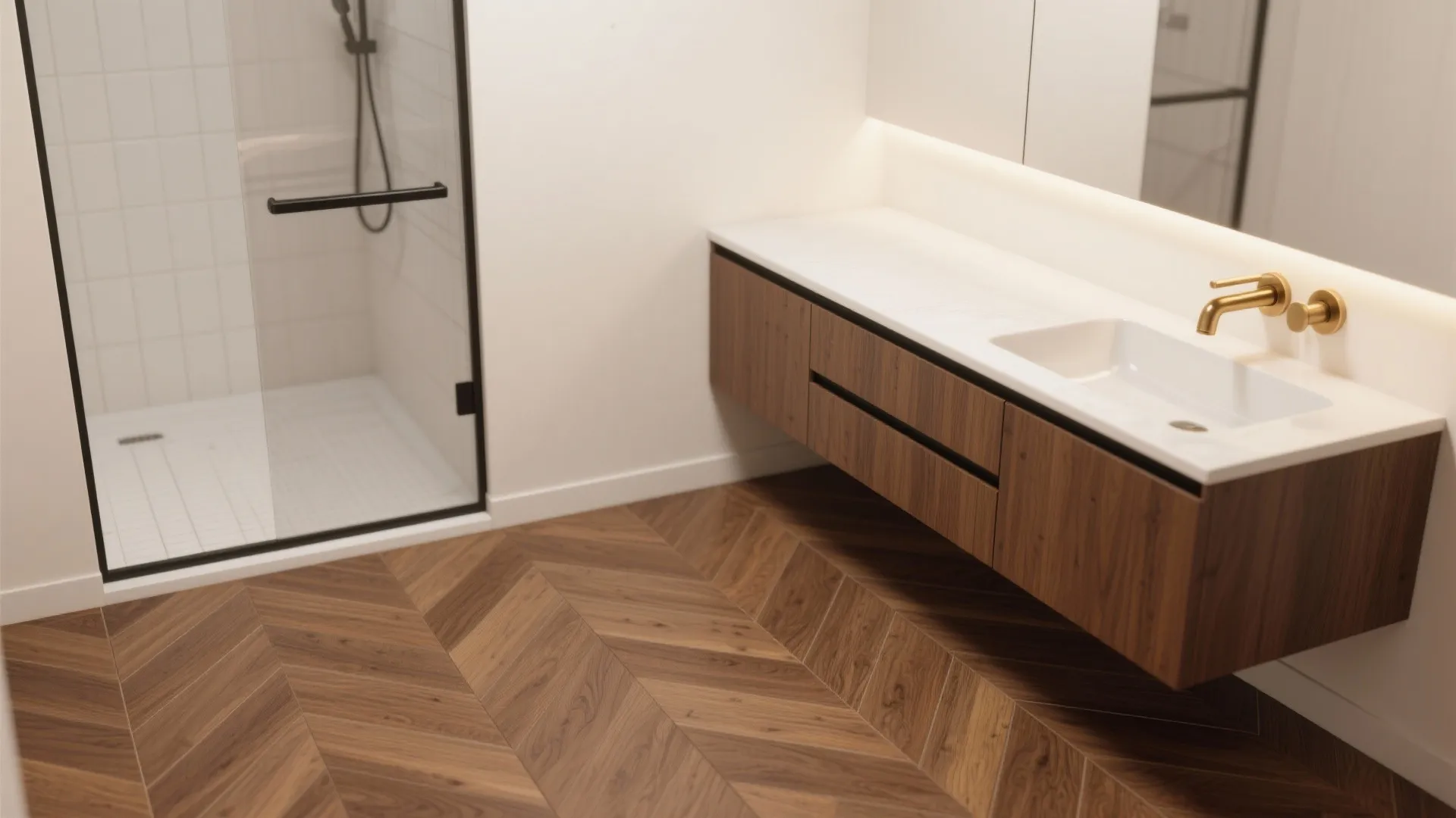 3) Wood-Look Brown Floor Tile with a Floating Vanity