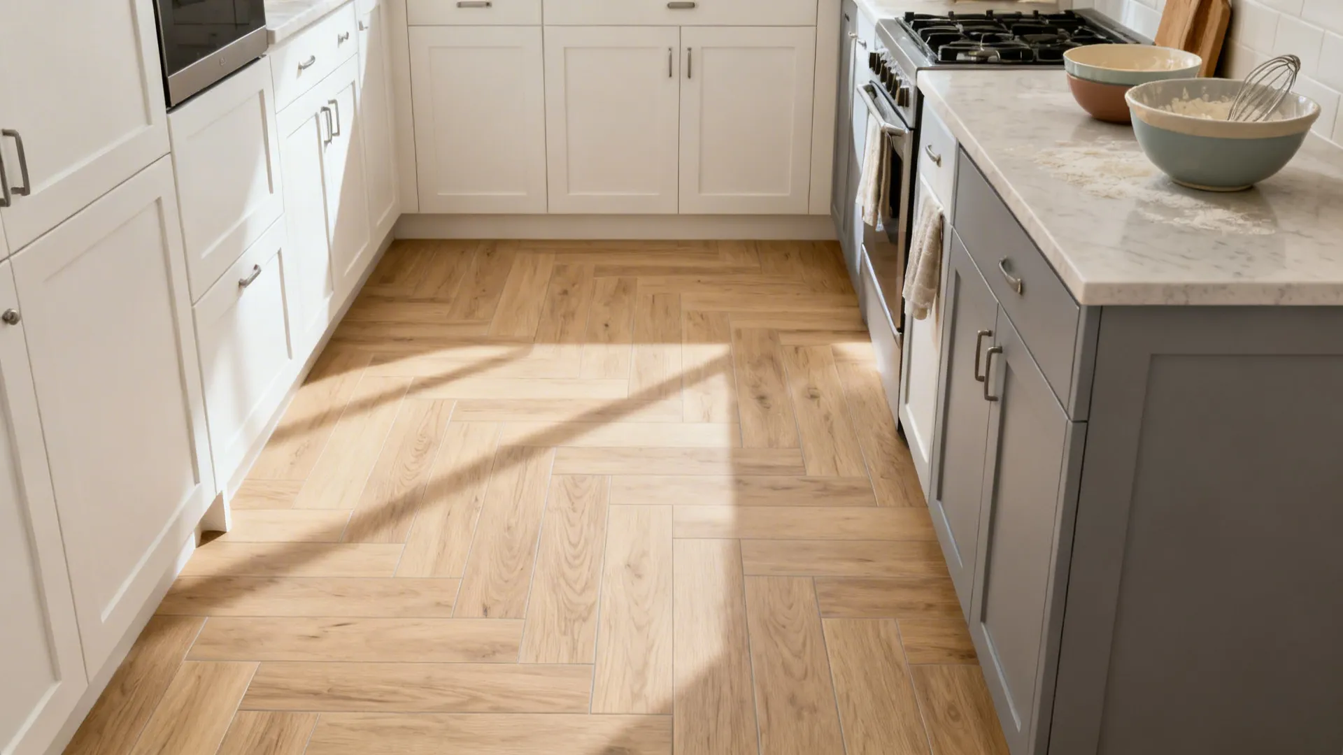 Light oak wood-look porcelain planks in a compact kitchen nook with warm daylight.