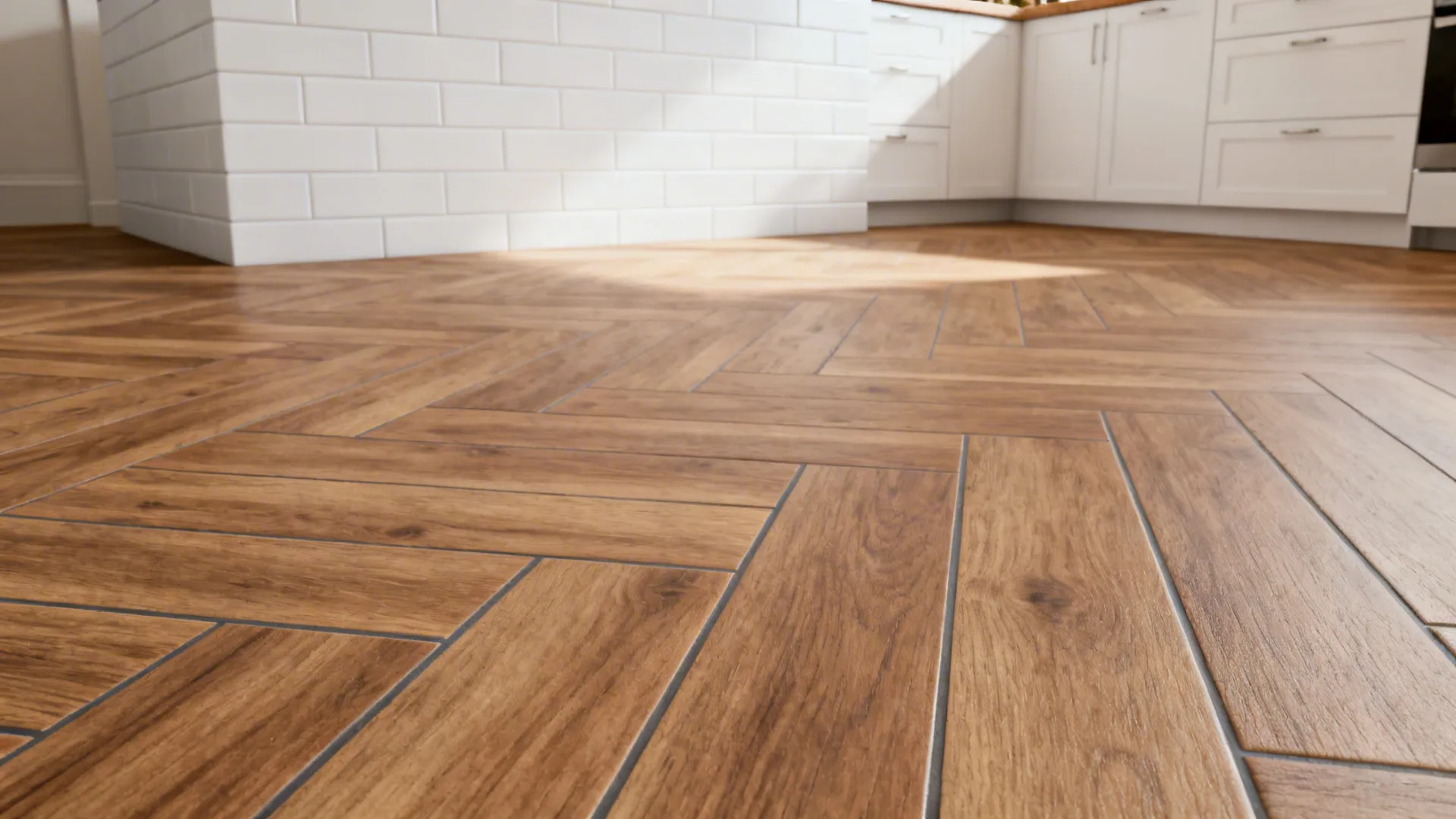 Close up view of brown wood floor with herringbone pattern in a white kitchen area design