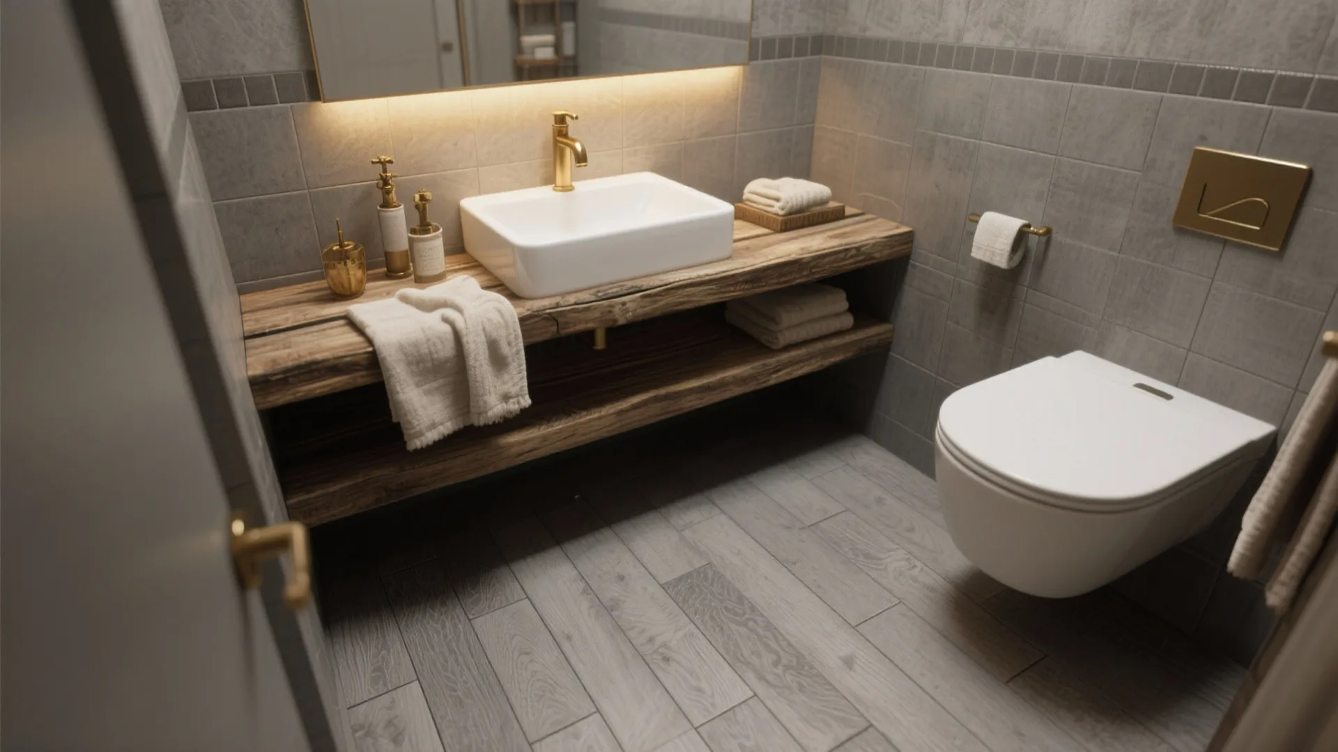 Bathroom interior design featuring wood counter sink grey wall tiles gold faucet and white wall toilet