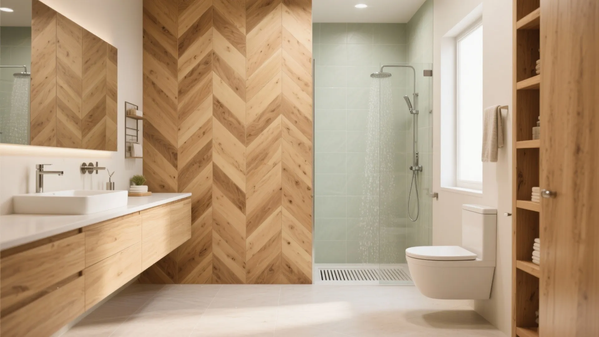Modern bathroom interior featuring wood pattern wall panel glass shower white toilet and wood storage shelf