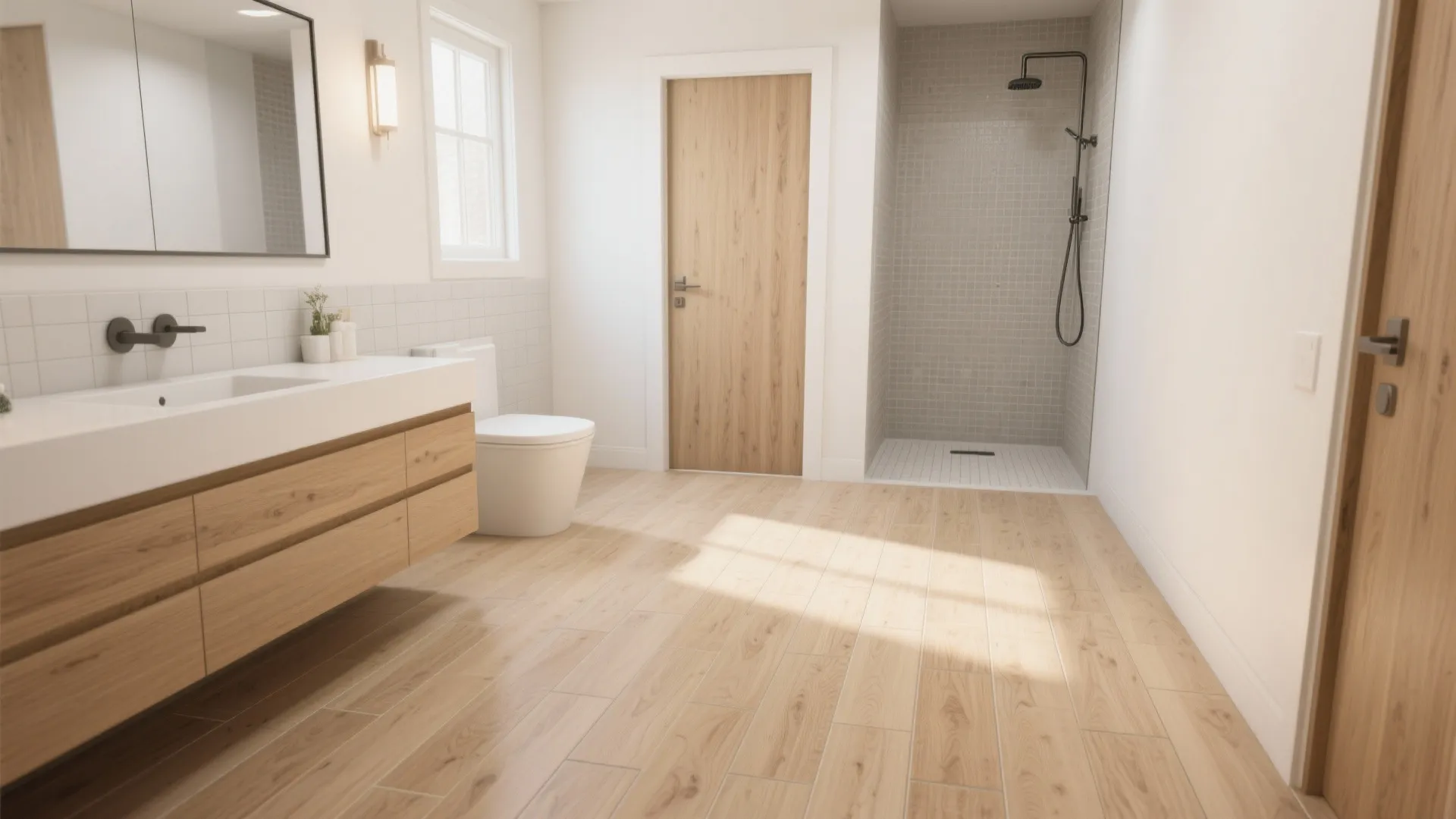 Modern bathroom interior with wood floor tiles white walls walk in shower and wooden cabinet