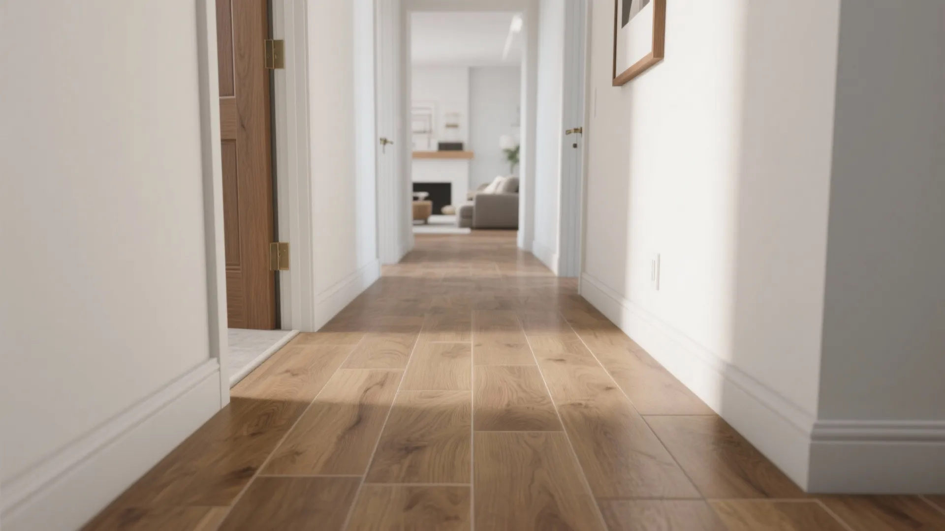 Narrow home hallway with light brown wood floor tiles white walls and open wooden room doors
