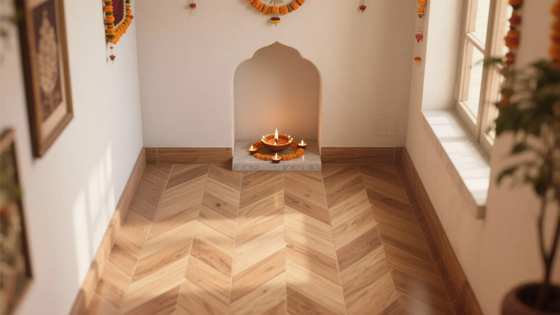 Traditional prayer room interior with herringbone pattern wood floor white walls and small oil lamps