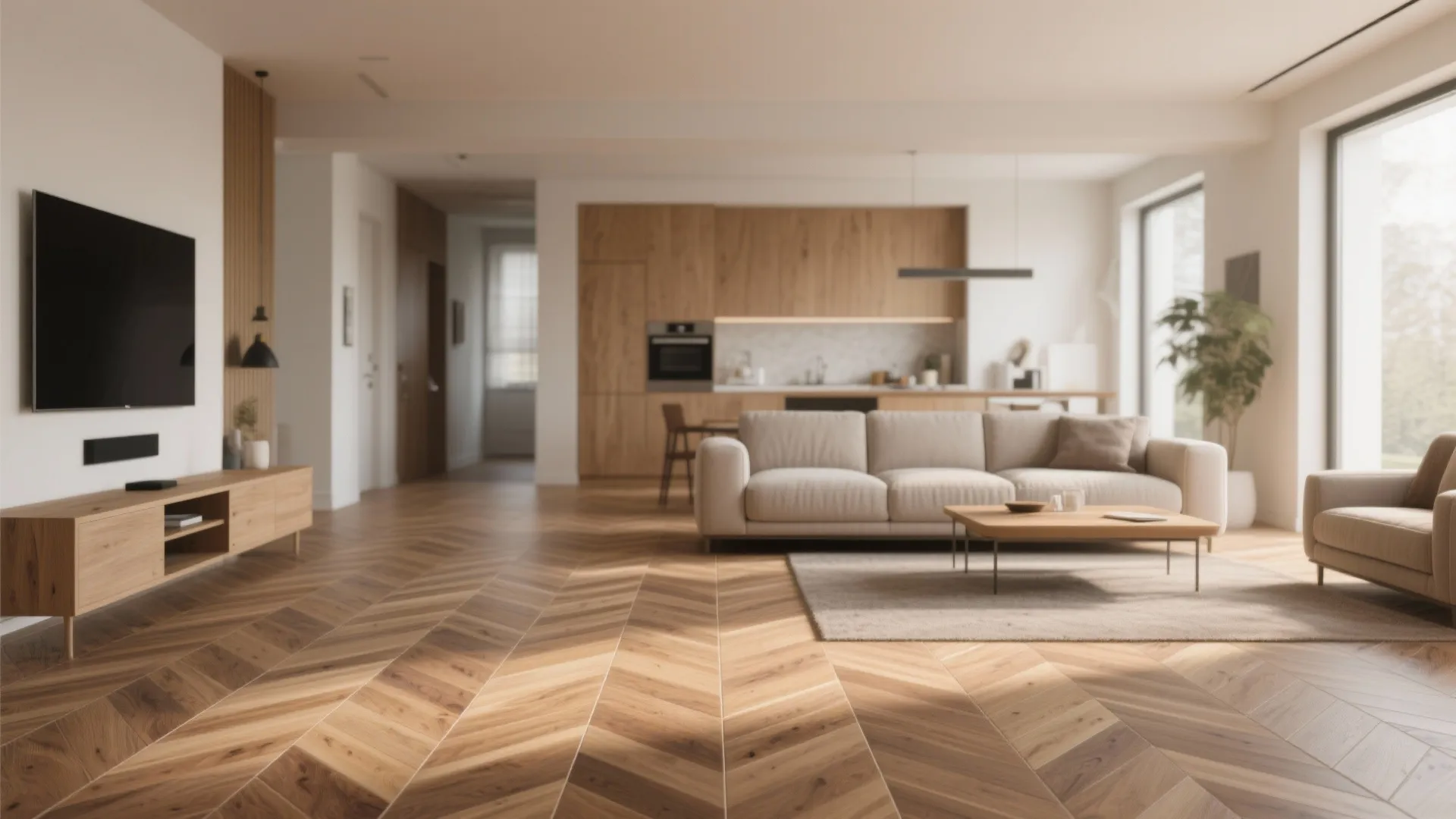 Modern living room featuring warm wood flooring in herringbone pattern with beige sofa and wooden cabinet