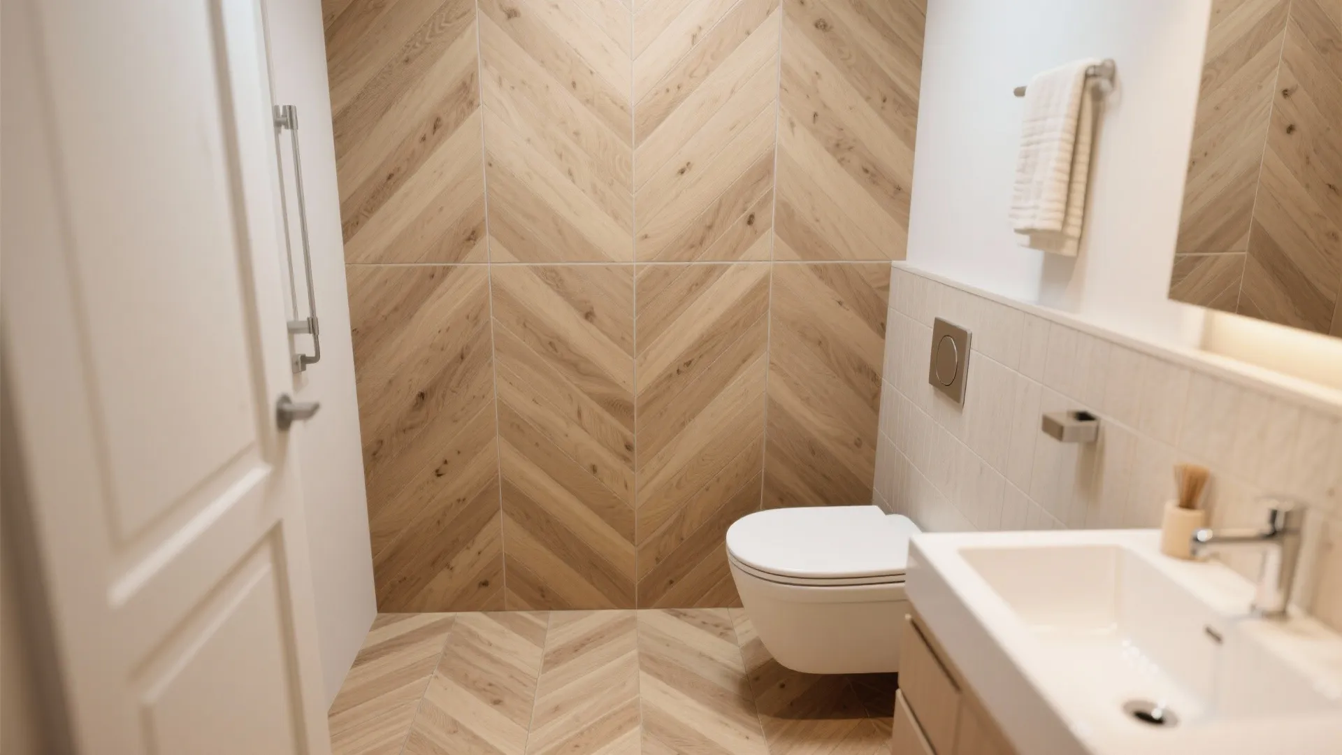 Modern bathroom featuring wood look floor and wall tiles arranged in a beautiful herringbone pattern