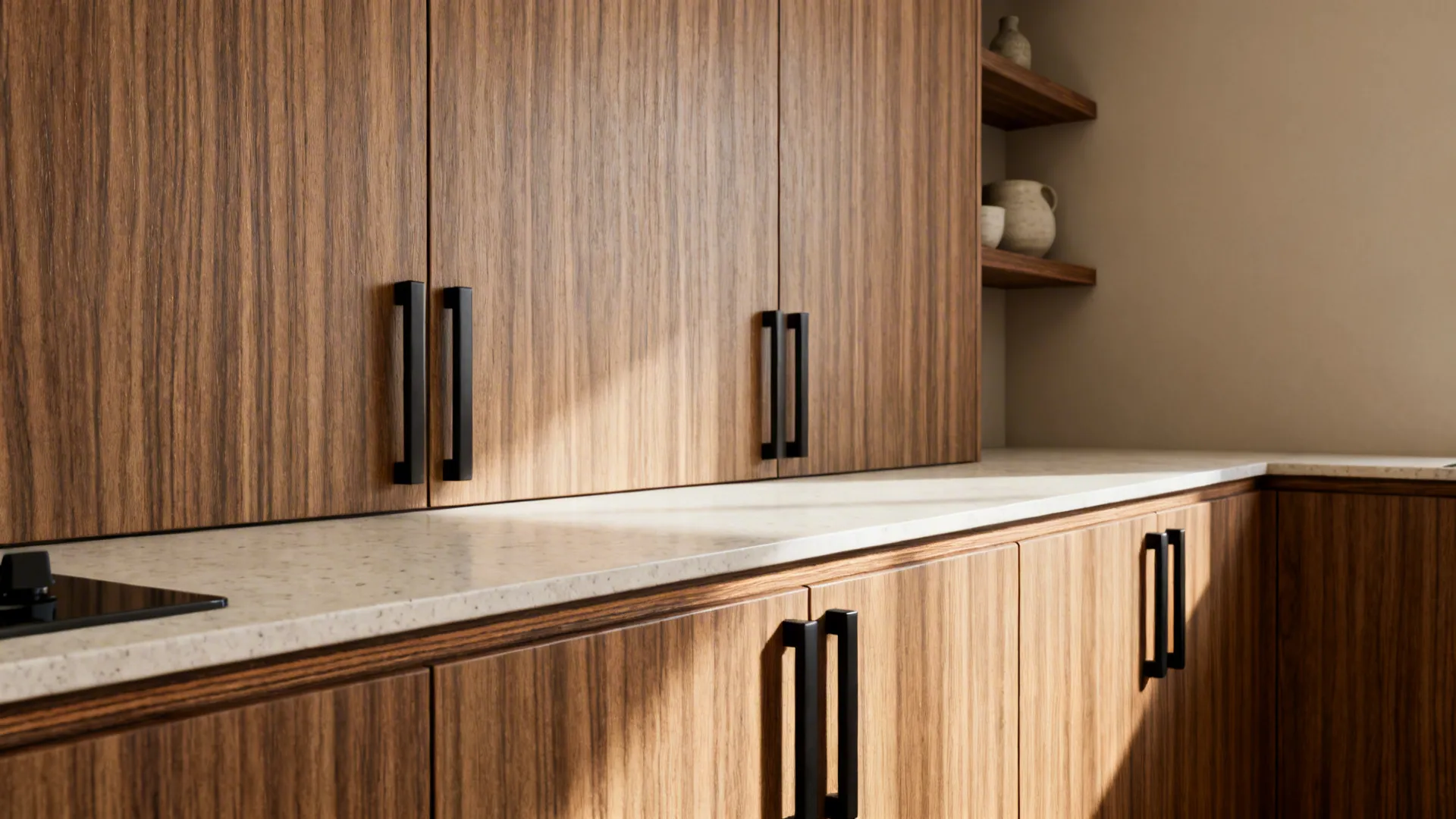 Kitchen with textured wood-look laminate cabinets, quartz tops, and matte black hardware.
