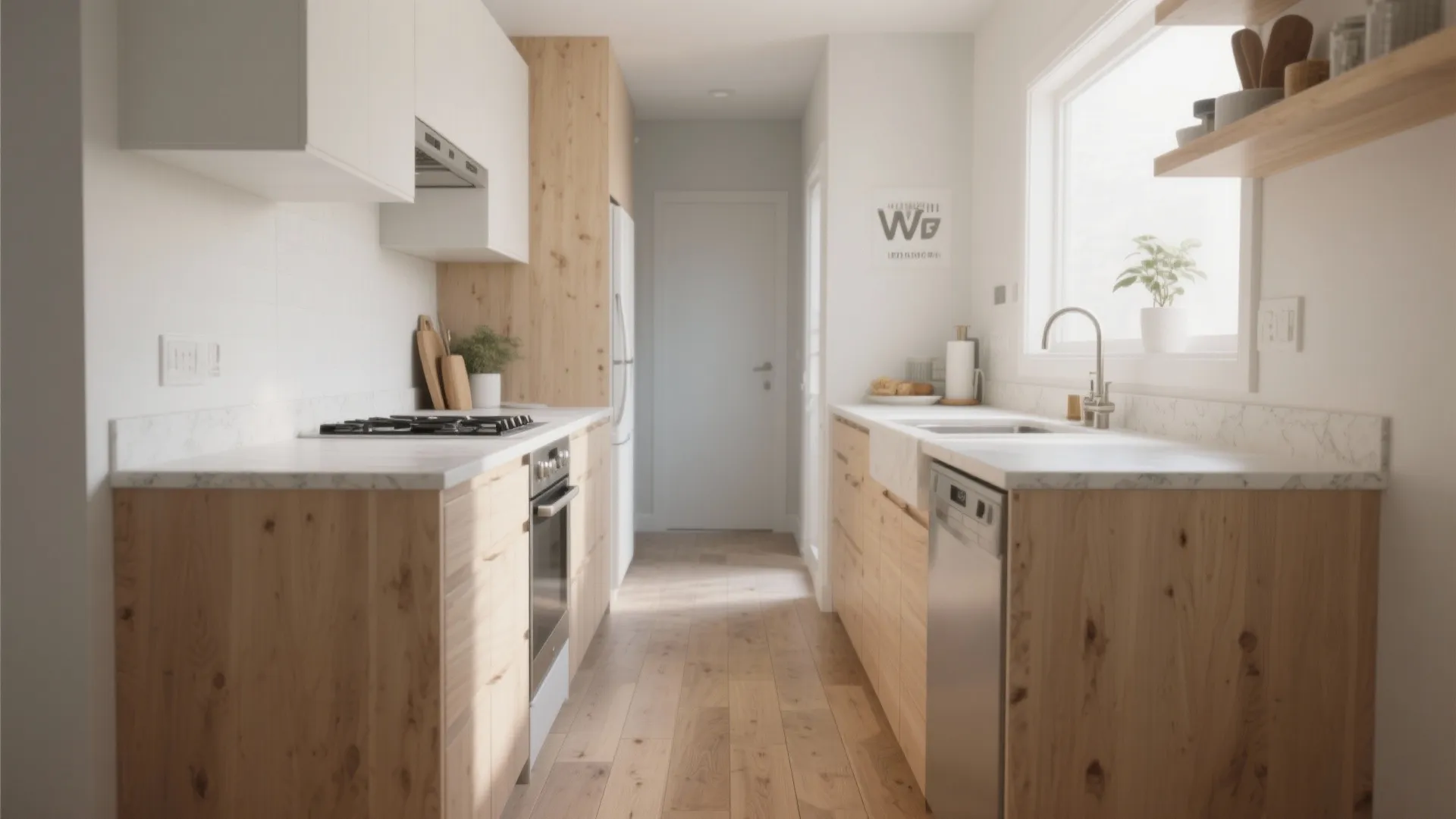 Modern galley kitchen with light wood cabinets marble countertops stainless steel sink and white door view