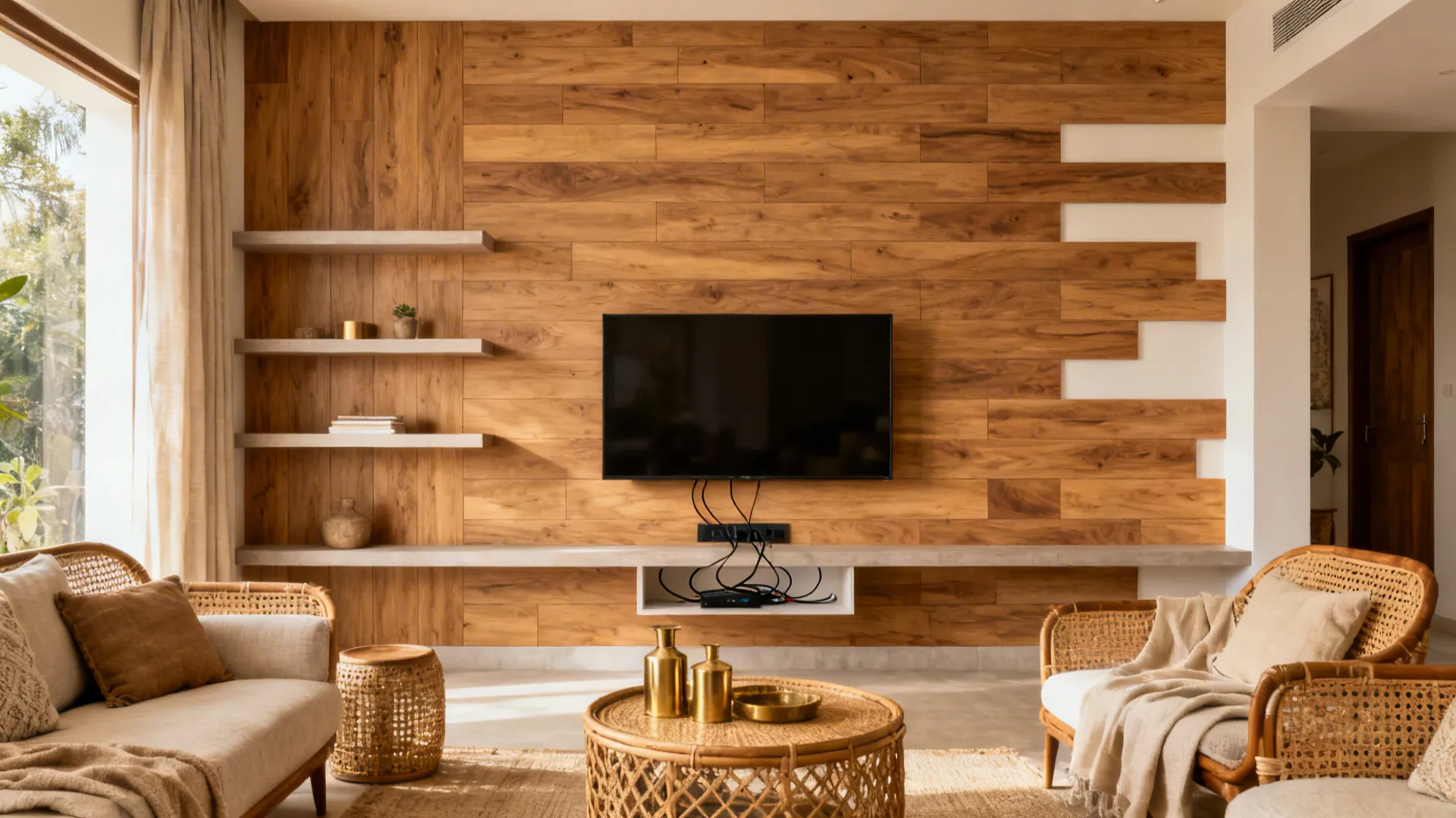 Living room with wood wall television floating shelves rattan chairs rug and round coffee table