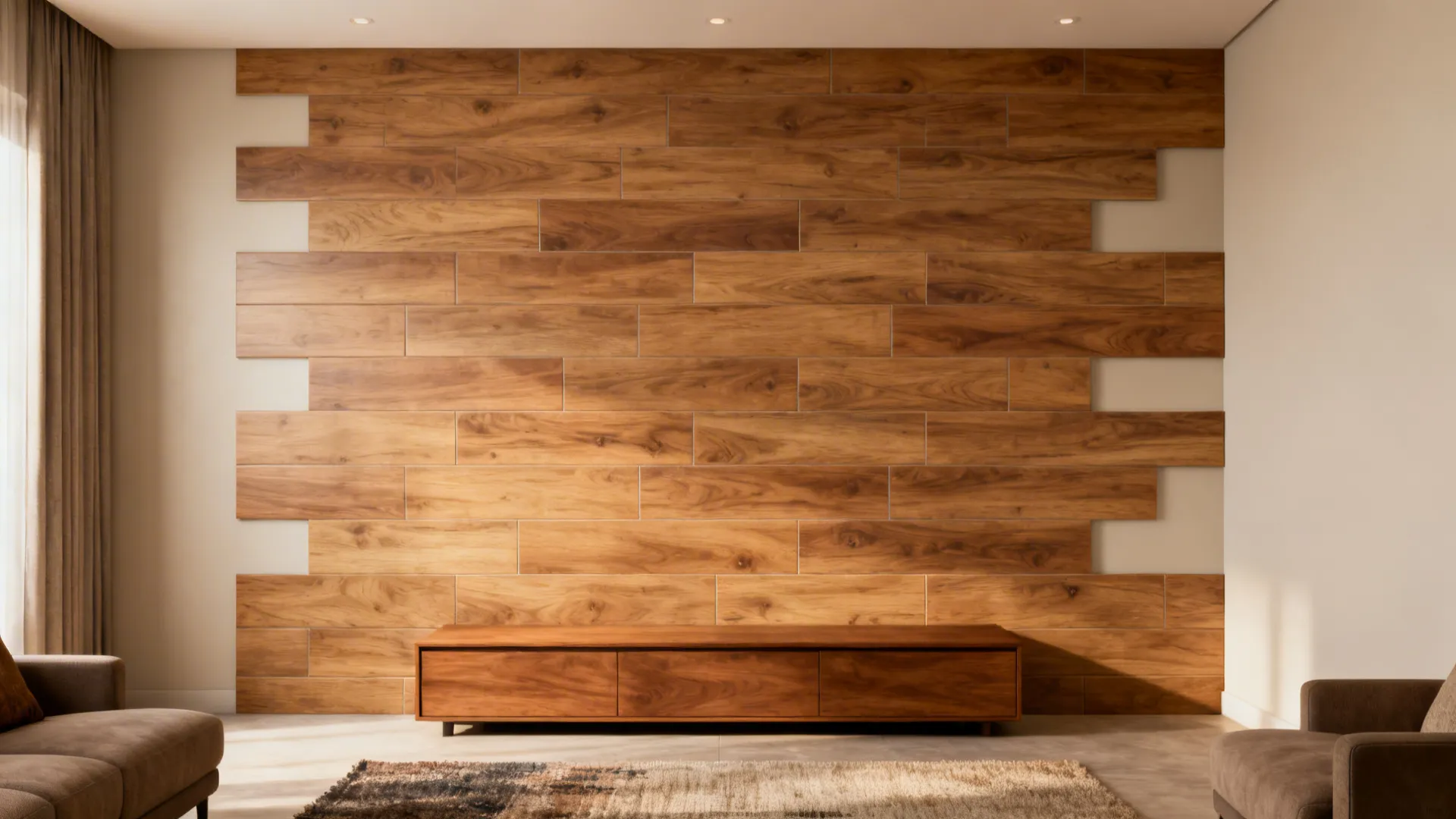 Medium oak wood-look porcelain plank feature wall with staggered joints in a cozy room.