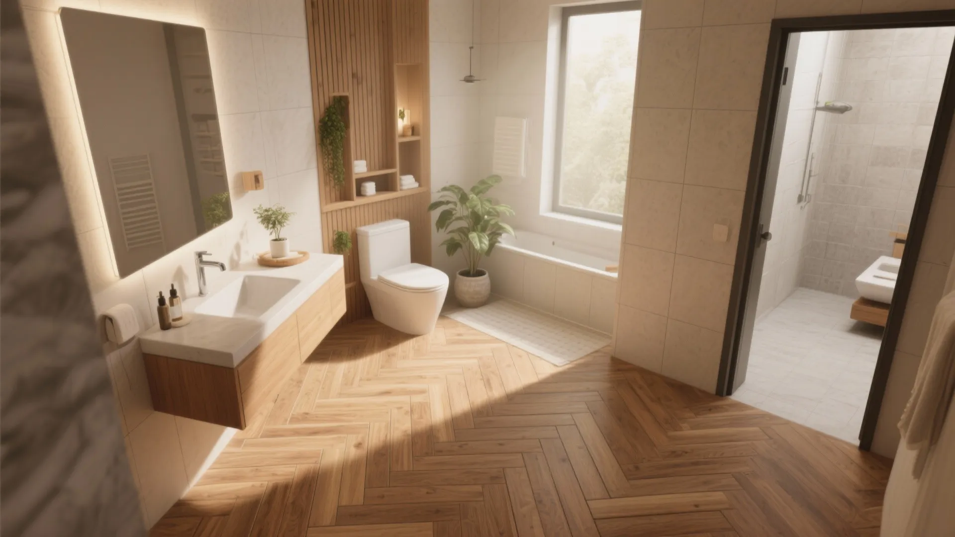 Bright bathroom with wooden floor white sink toilet bathtub and a separate walk in shower
