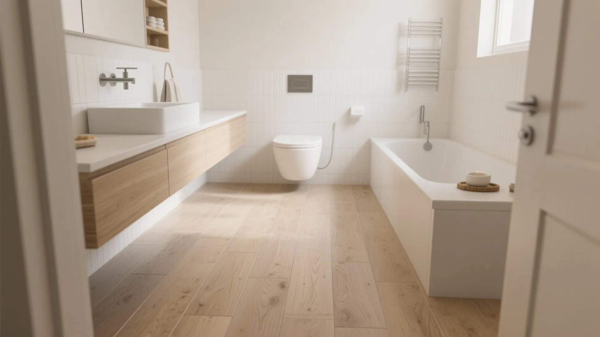 Modern bathroom featuring wood floor planks white bathtub wooden cabinet white walls and white toilet