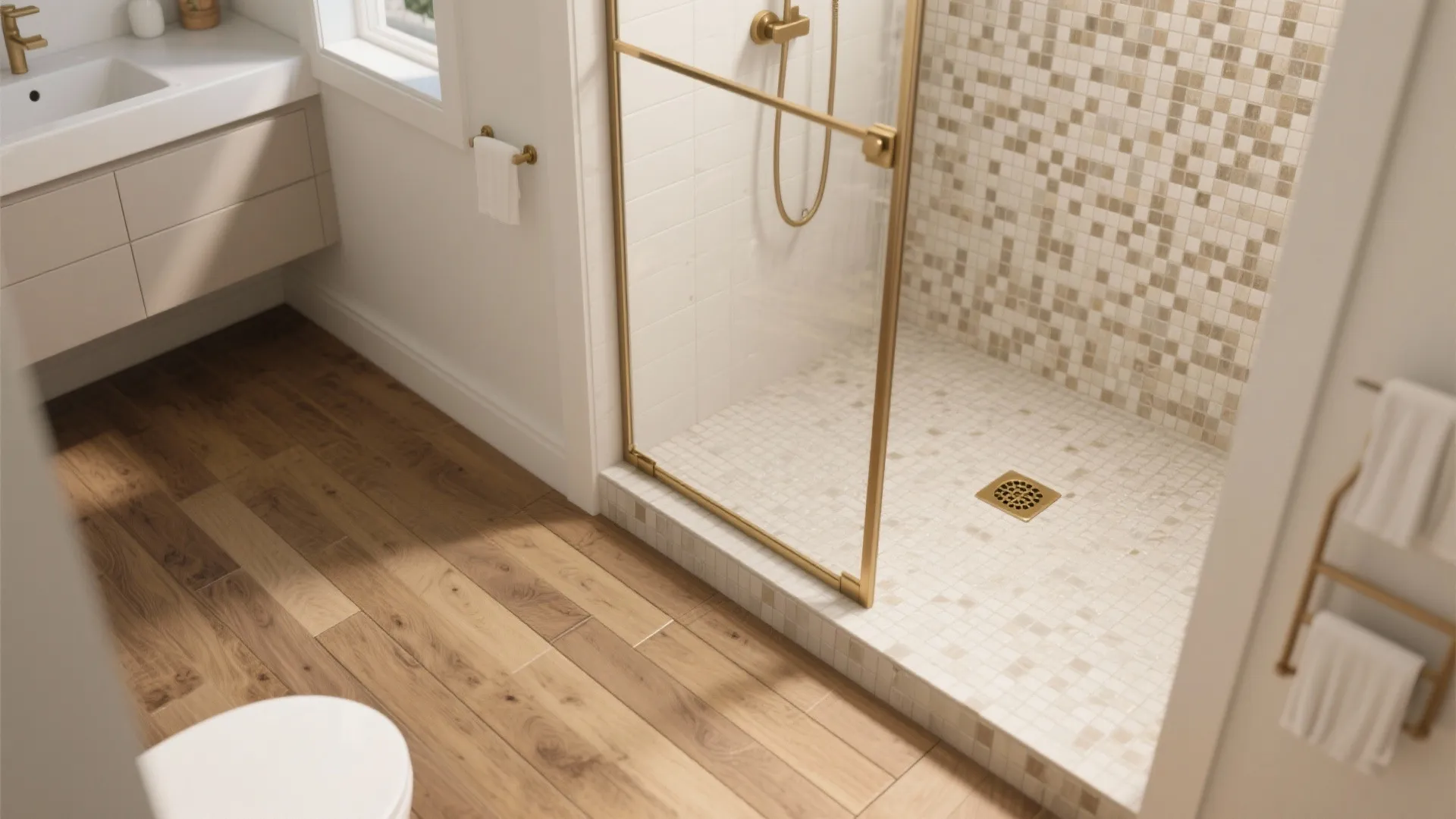 Bathroom interior design showing wood look floor planks next to a mosaic tile walk-in shower