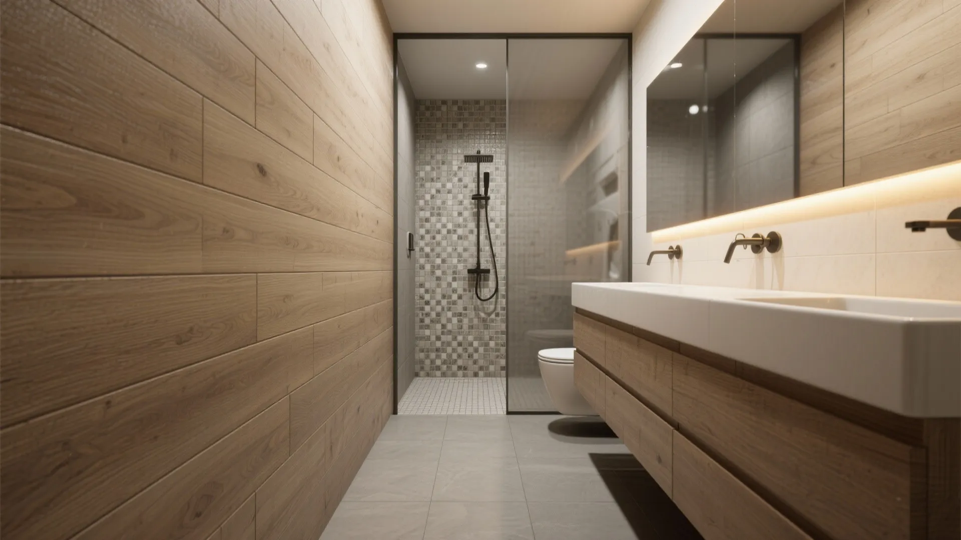 Narrow bathroom with matte wood-look porcelain planks lengthwise and mosaic in the shower pan.