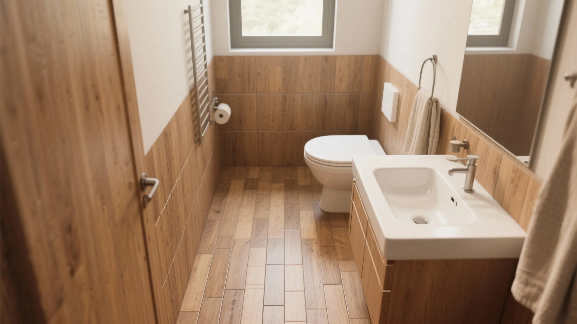 Tiny bathroom with wood-look ceramic planks laid lengthwise to make the room feel longer.