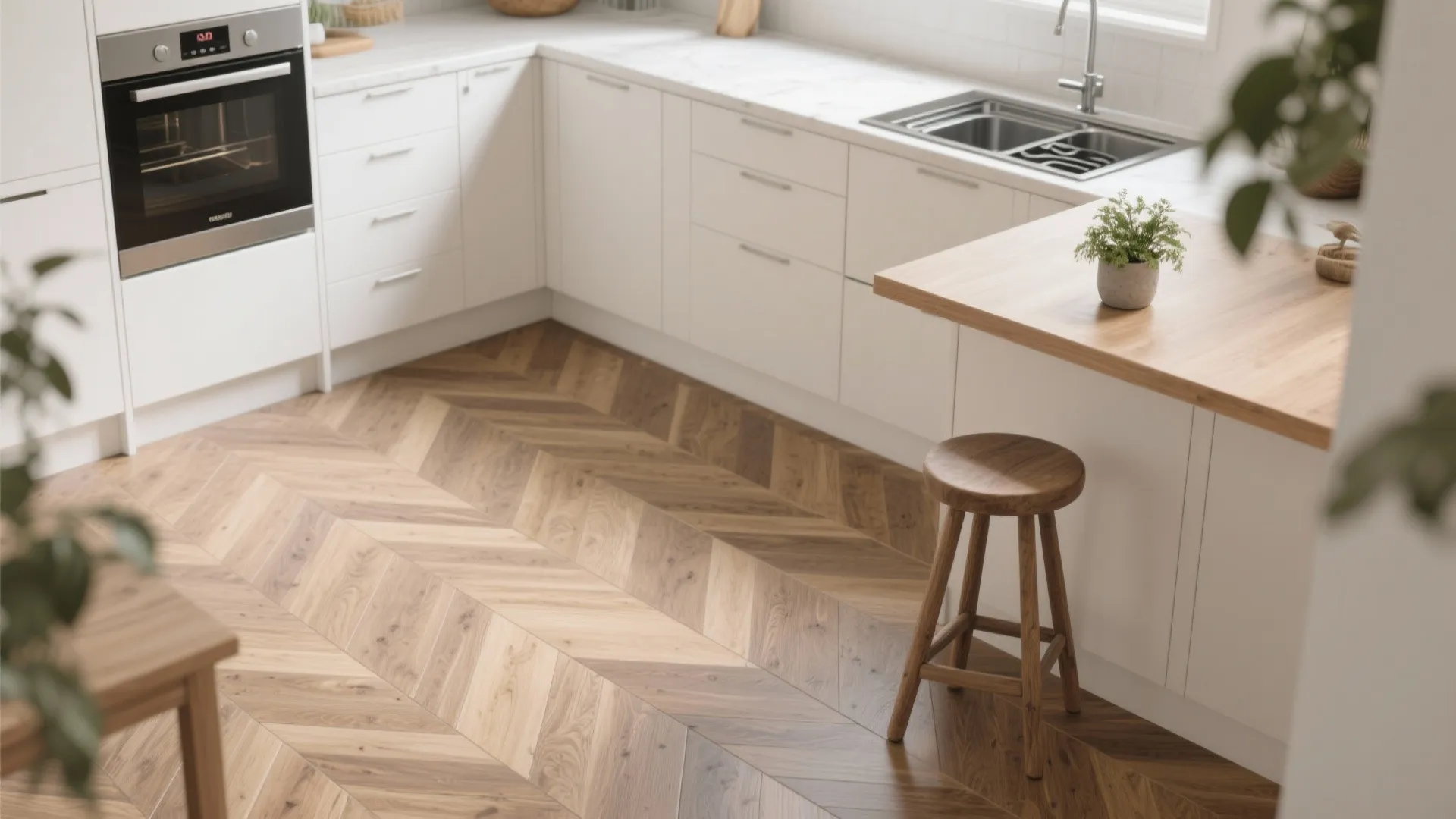 Modern white kitchen showing light wood flooring in a chevron pattern and a wooden stool
