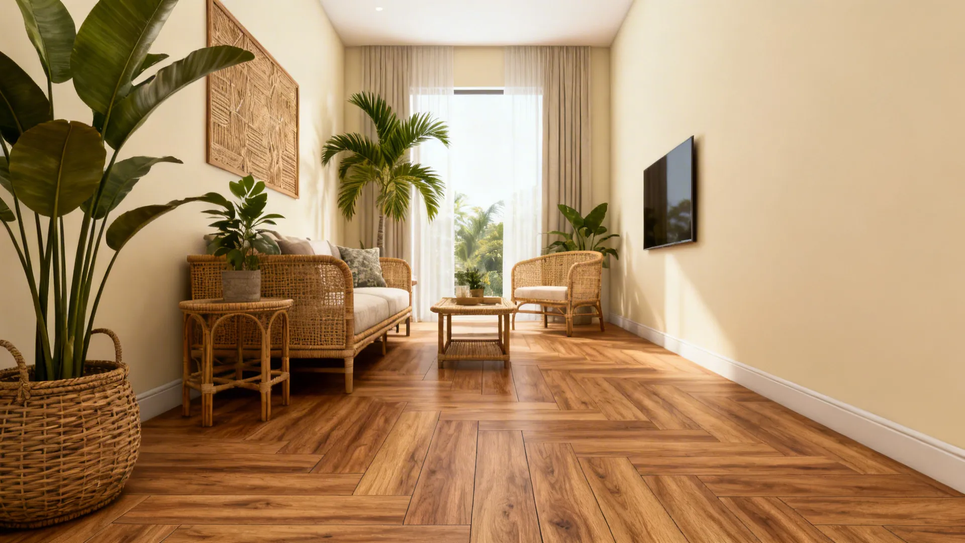 Warm sala with mid-oak wood-look porcelain planks in a 1/3 staggered layout.