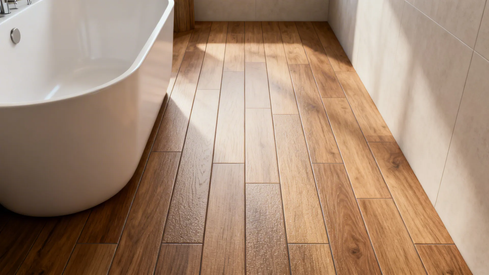 Wood-look porcelain planks on a small bathroom floor beside a white tub