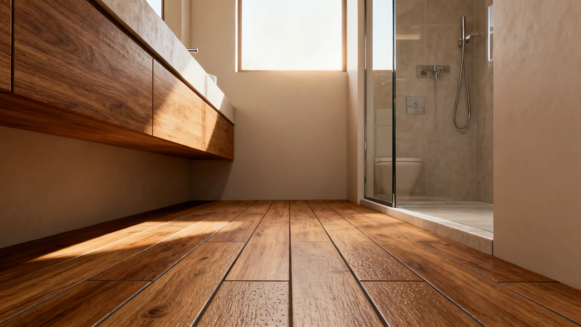 Narrow bathroom with wood-look porcelain planks running lengthwise to visually elongate the room.