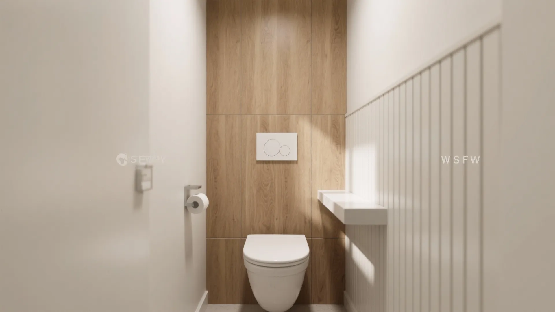 Warm wood-look porcelain and subtle texture panels