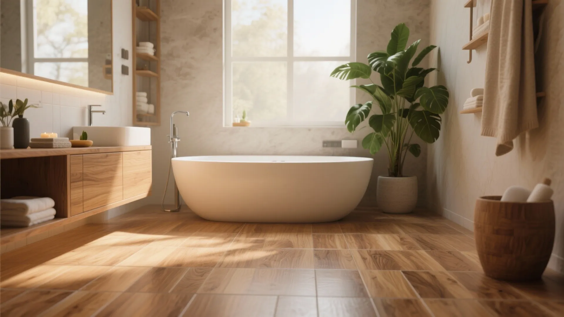 2. Warm Wood-Look Porcelain