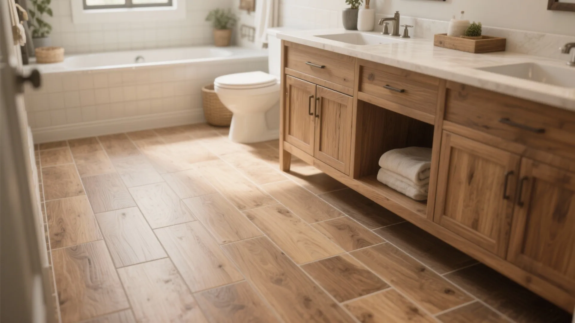 Bathroom interior with wood look tile flooring plus a large wooden cabinet and white bathtub