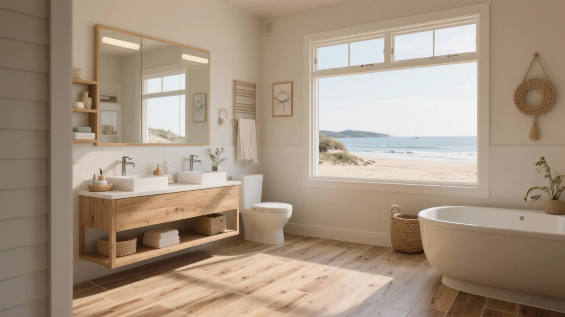 Bright bathroom with wood floor tiles large window beach view white bathtub and wooden cabinet