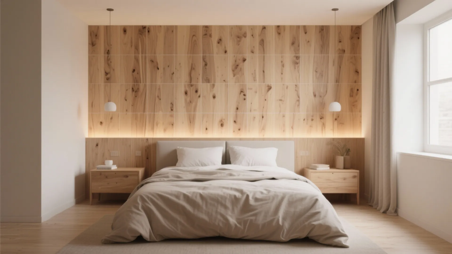 Simple bedroom featuring light wood wall panel with warm light strip behind a grey bed