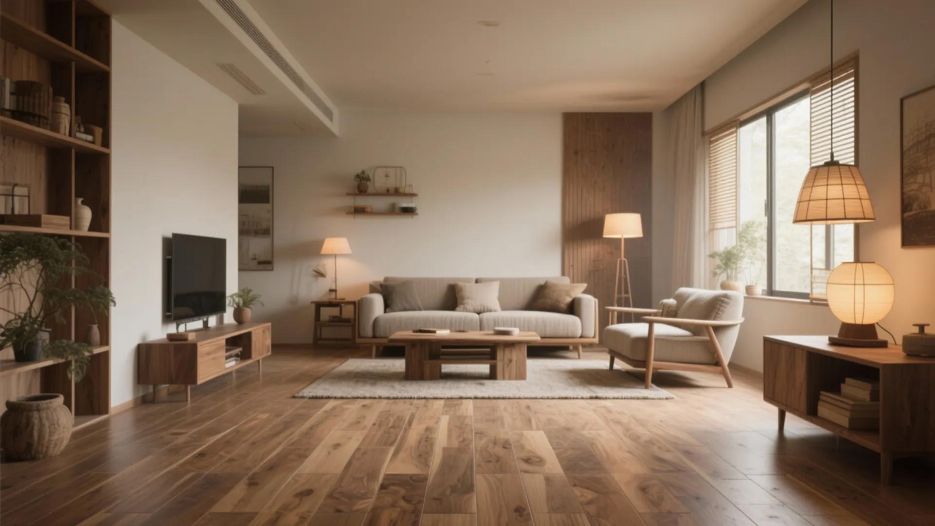Cozy living room with wood look porcelain floor tiles wooden furniture and warm light fixtures