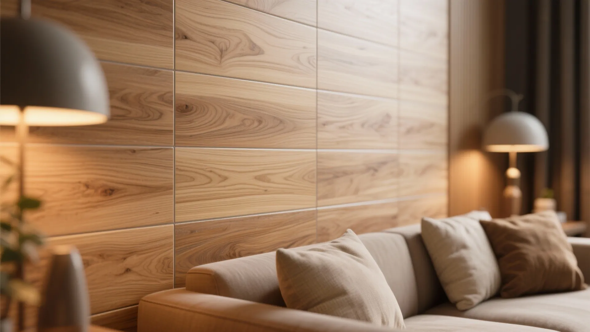 Modern living room featuring wood look wall panels with beige sofa and warm table lamps