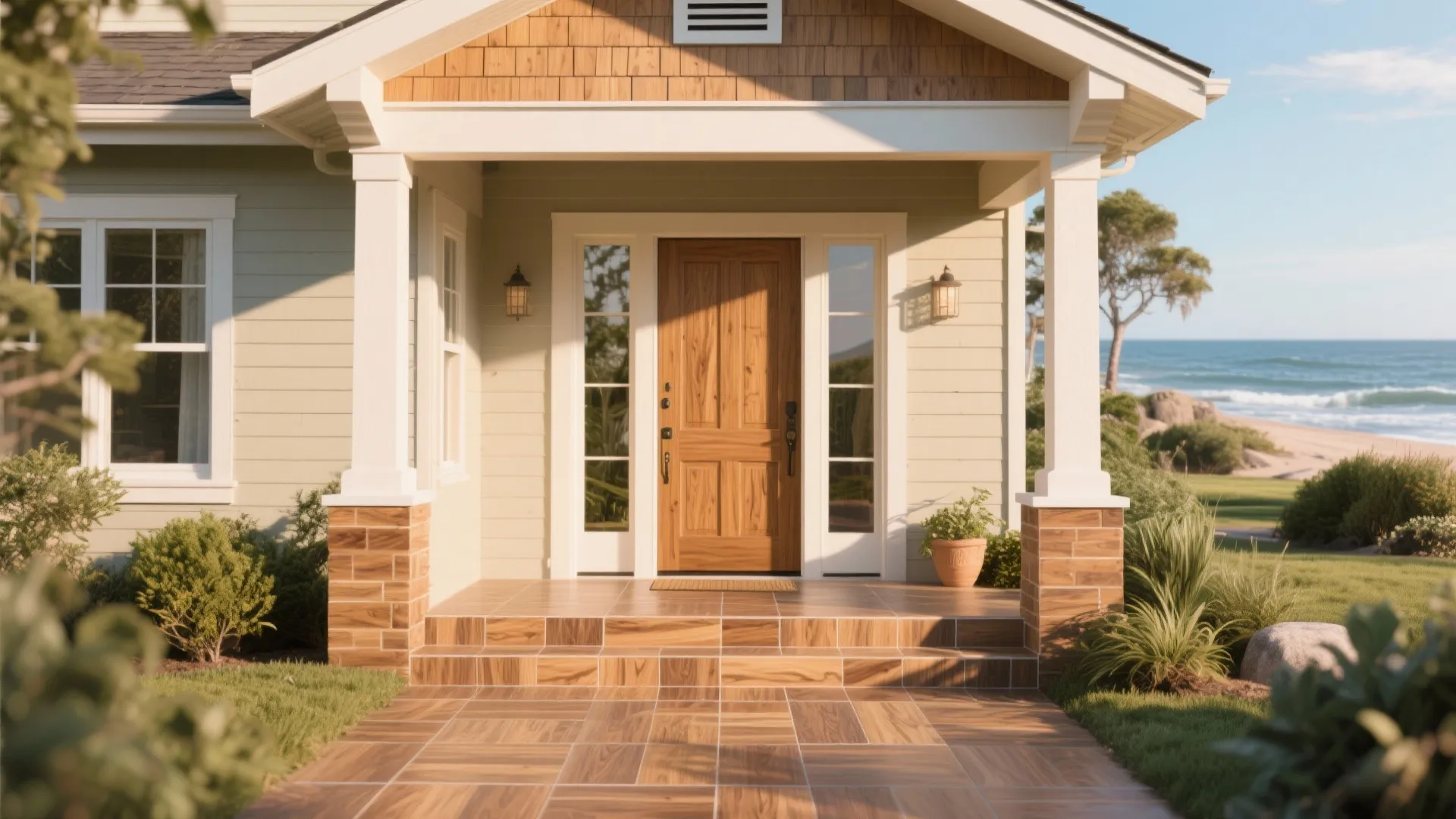 Coastal house front porch with brown wood door white columns tan siding and sea view