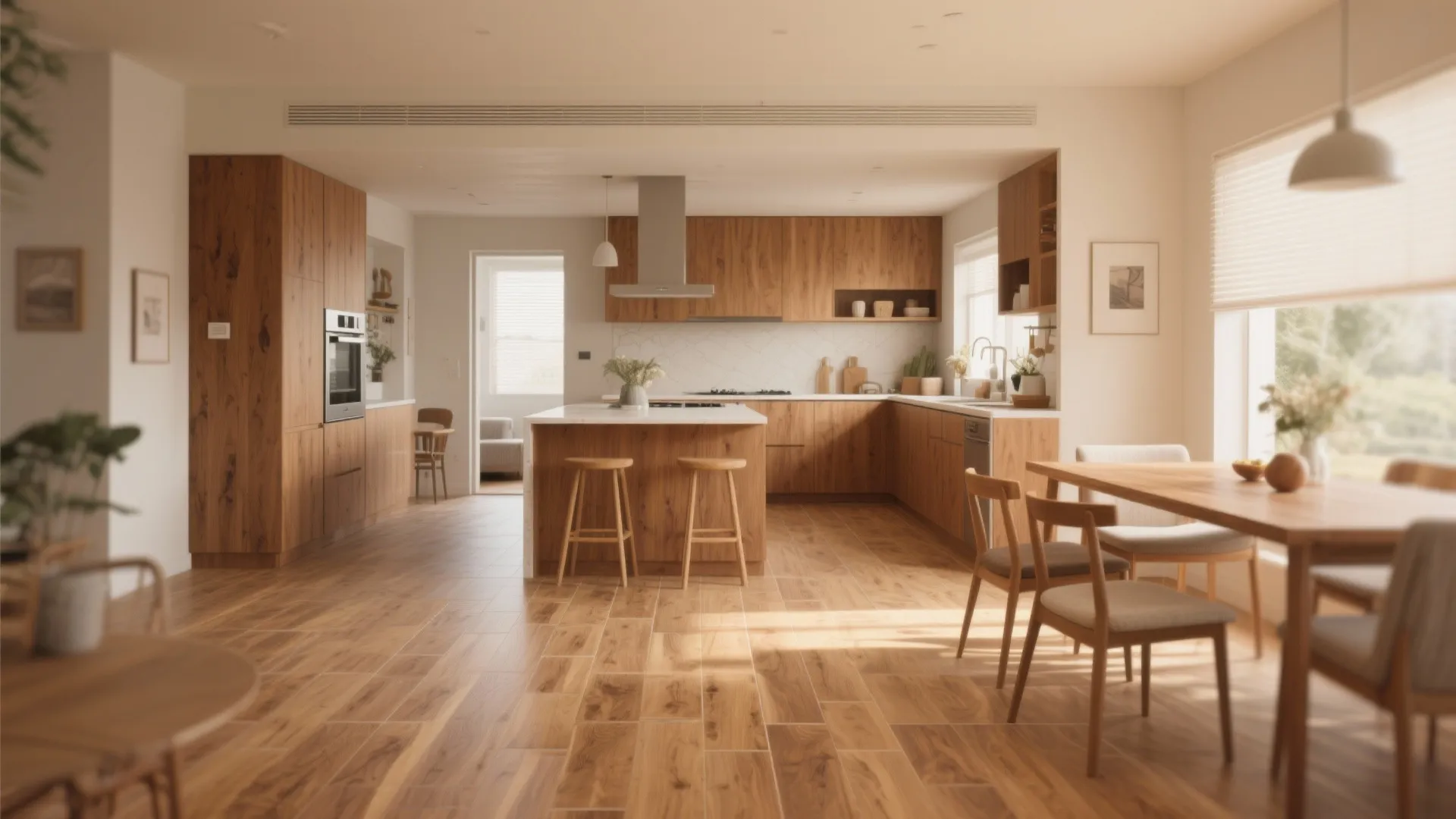 Warm wood-look porcelain tile floor in open-plan kitchen