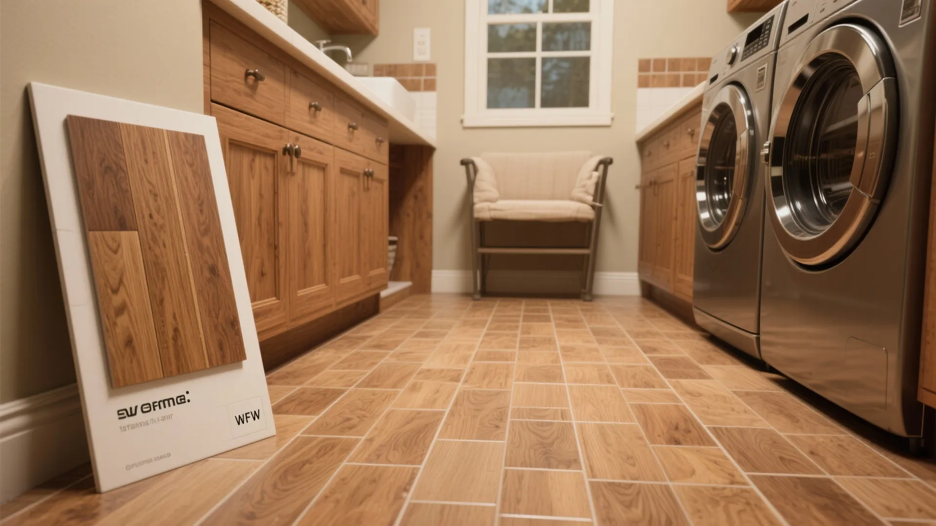 Small laundry room with wood tile floor plus brown cabinets and two silver washing machines