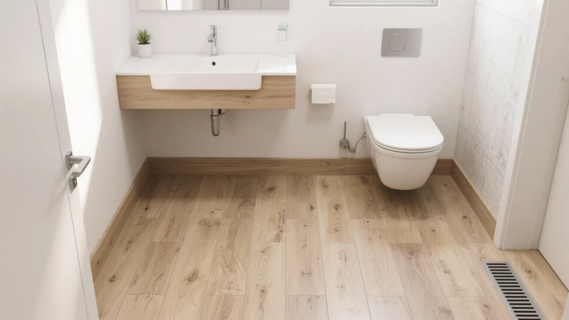 Small bathroom with wood-look porcelain planks and composite trims for durability.