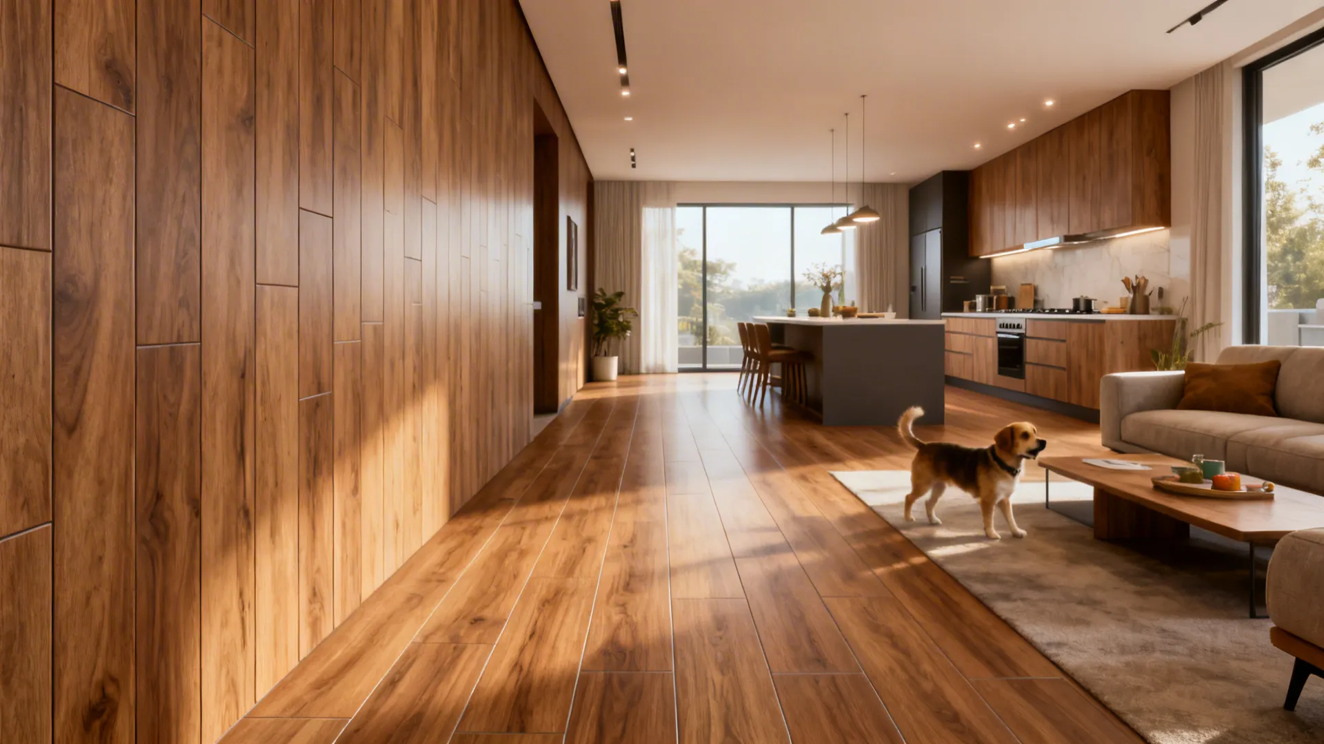 Living area with wood-look porcelain plank wall creating continuity with open kitchen flooring